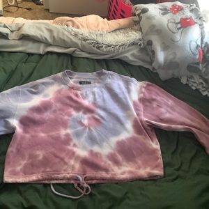 Slightly cropped drawstring long sleeve tie dye crew neck